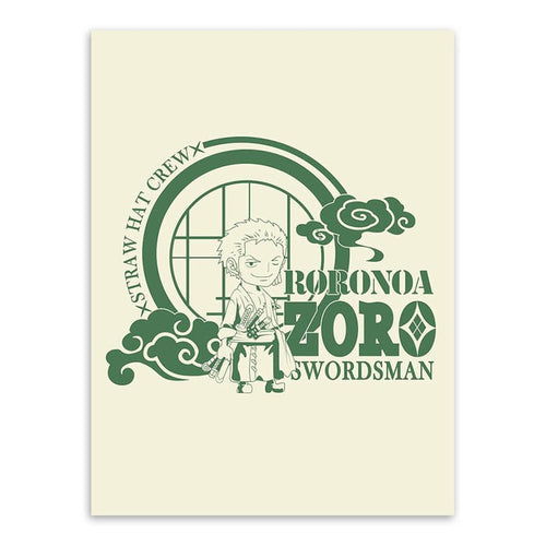 Poster of a Chibi Roronoa Zoro printed on a high-grade canvas with a calm green ink