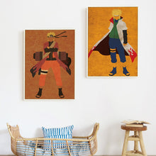 Minimal posters of Naruto Uzumaki and Minato Namikaze being hung on the wall of a bedroom 