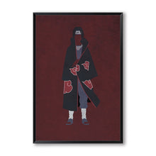 Minimal Akatsuki Itachi Uchiha poster hanging on a white background and framed